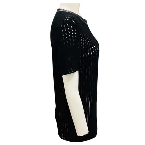 LOUIS VUITTON BLACK FAUX LEATHER WHIPSTITCH TRIMMED PERFORATED KNIT TOP - Picture 2 of 4